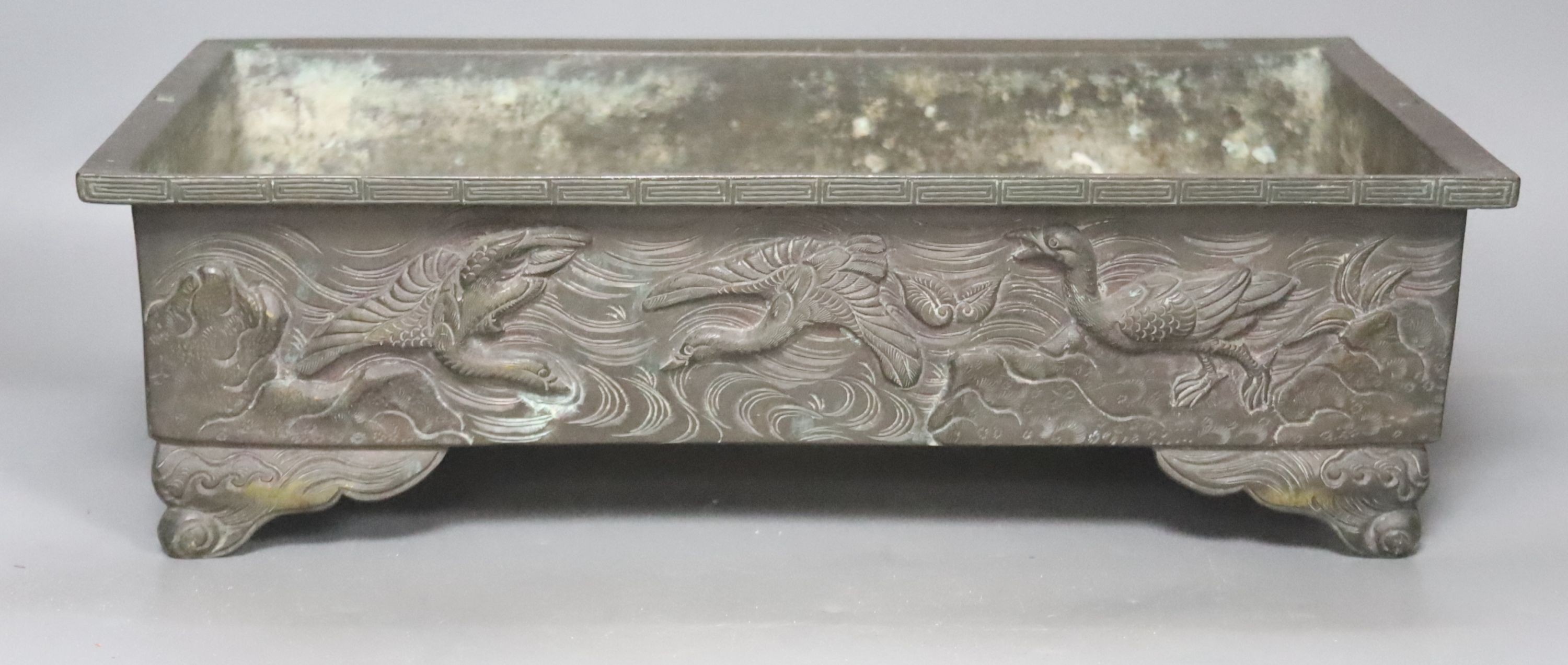 A Japanese bronze rectangular planter, width 39cm height 11cm